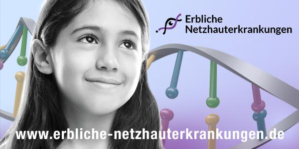 Junges Mädchen mit einer erblichen Netzhauterkrankung blickt umgeben von einer DNA-Spirale erwartungsvoll in die Zukunft
